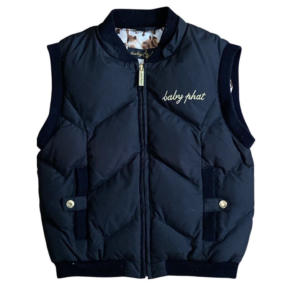 Baby Phat Y2K Puffer Vest, Small, Black, Gold Embroidered, Cheetah Lining - Picture 2 of 6